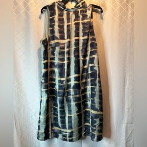 H&M Blue Black/Pale Green Printed Back Bow Tie Shift Dress Sz L